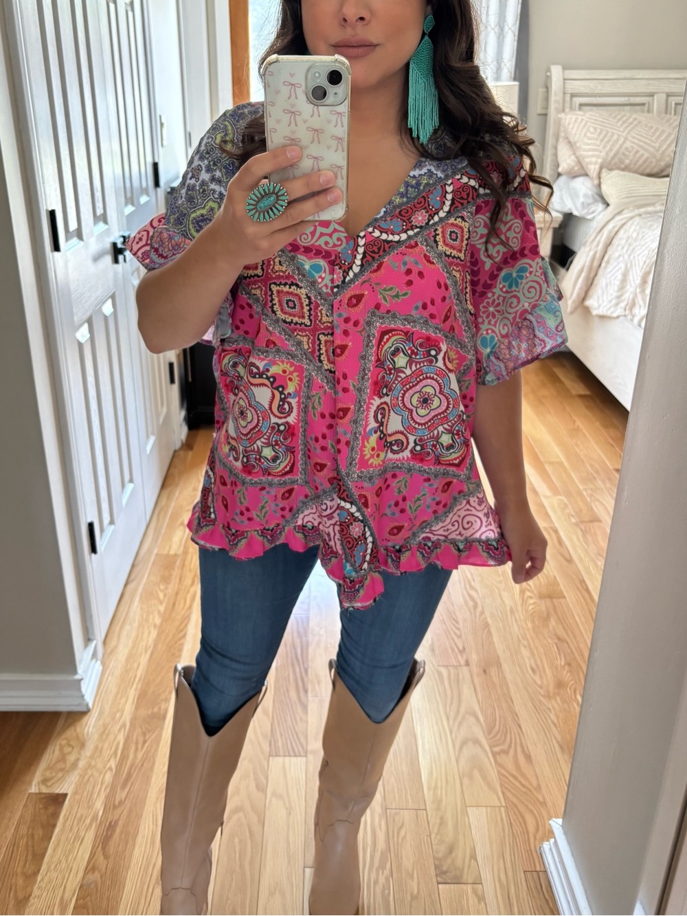Umgee patchwork boho flutter sleeve tunic